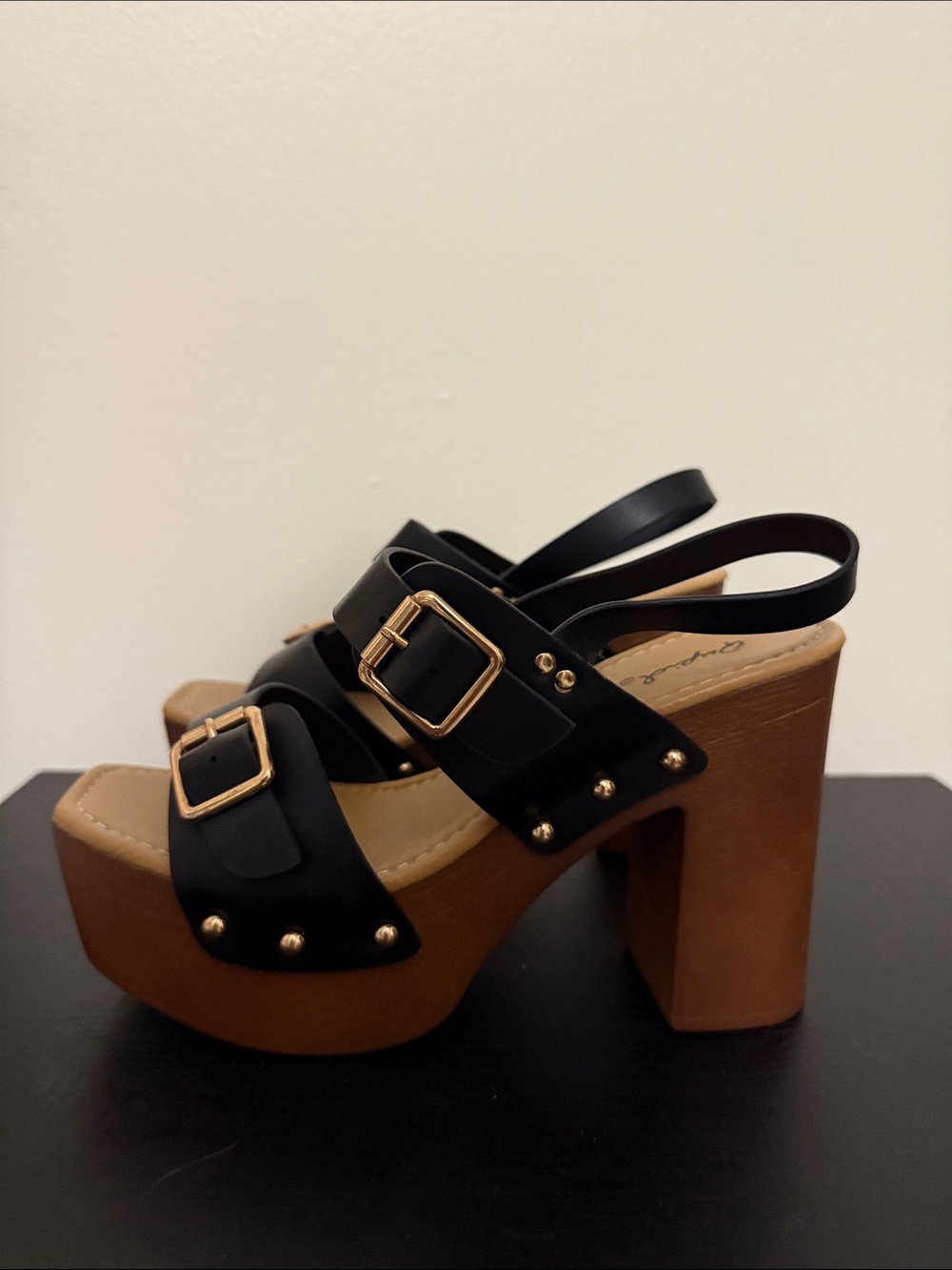 Qupid Black & Tan Platform Slingback Heels with Gold Buckles